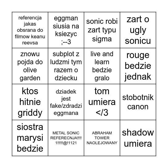 SONIC FILM BINGO Card