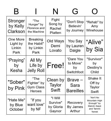 Songs For Recovery Bingo Card
