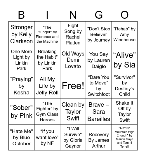 Songs For Recovery Bingo Card