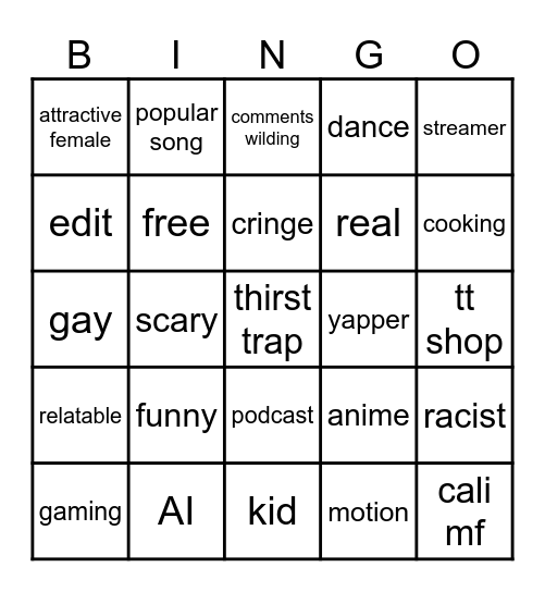 tiktok Bingo Card