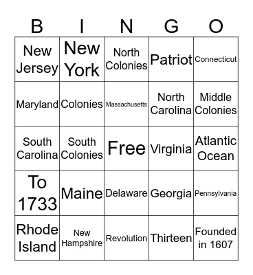 13 Colonies Bingo Card
