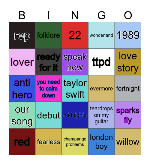 taylor swift bingo Card