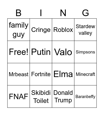 shorts bingo Card