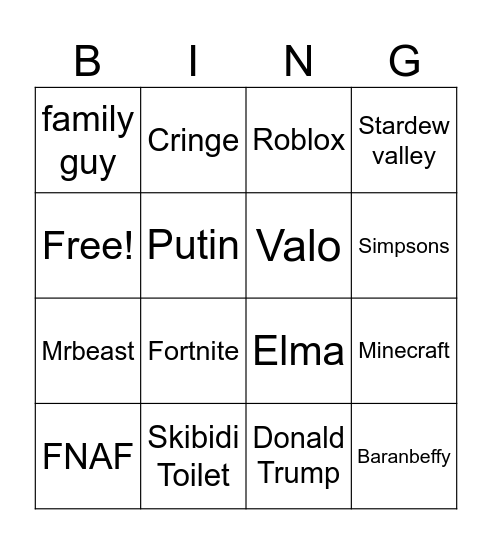 shorts bingo Card