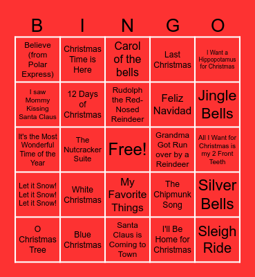 Holiday Song Bingo Card