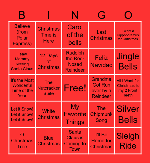 Holiday Song Bingo Card