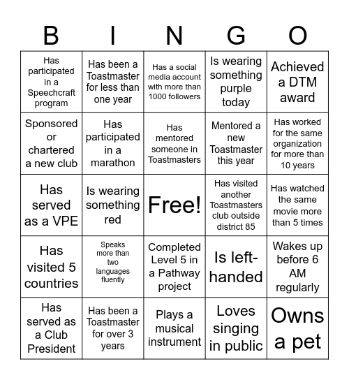 Toastmaster Bingo Card