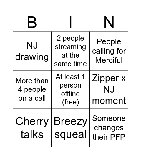 Zipperverse bingo Card