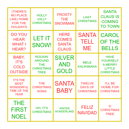 Holiday Music Bingo Card