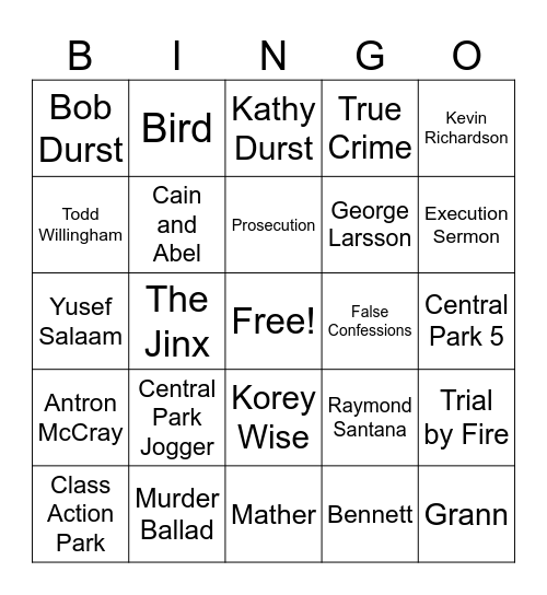 Crime and Lit Bingo- True Crime Edition Bingo Card