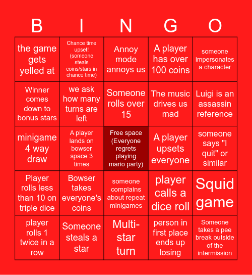 Mario Party Bingo Card