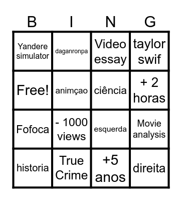 YouTube BINGO Card