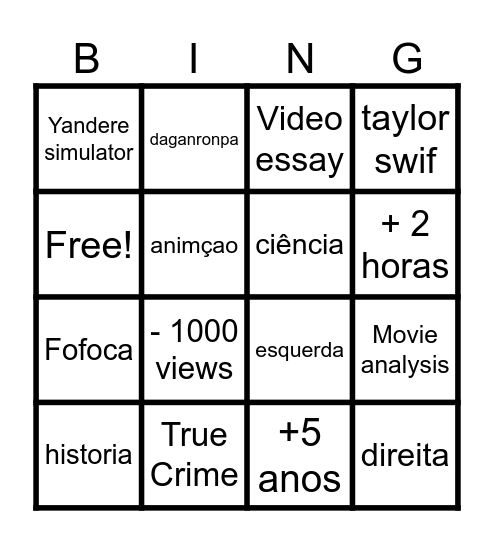 YouTube BINGO Card