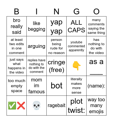 yt shorts comments Bingo Card