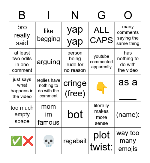 yt shorts comments Bingo Card