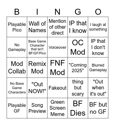 Funkin Frenzy 12/14/24 Bingo Card