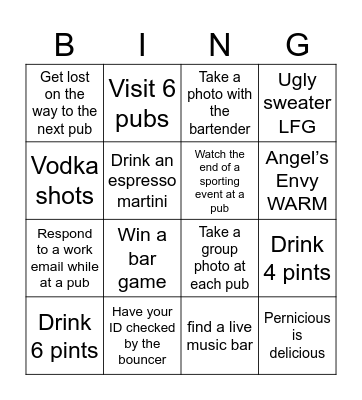 Bar Crawl Bingo Card