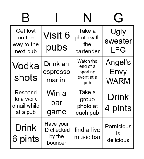 Bar Crawl Bingo Card