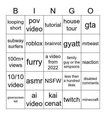 Youtube Short's Bingo Card