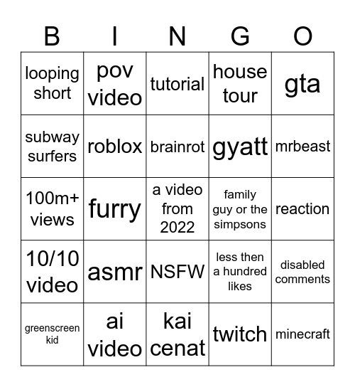 Youtube Short's Bingo Card