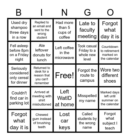 Tired Teachers and Staff Bingo Card