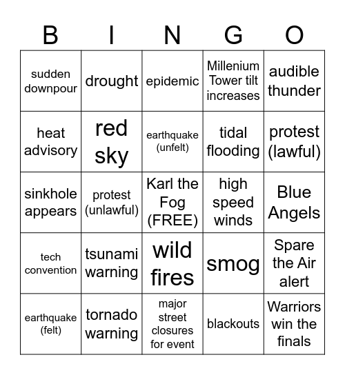 San Francisco Weather Bingo Card