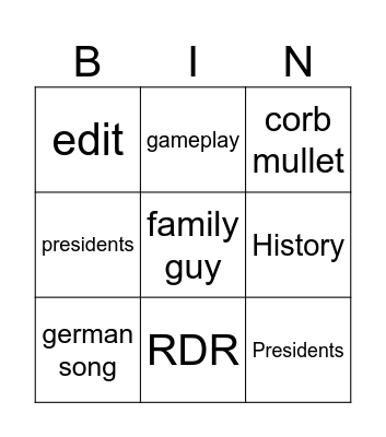 my shorts bingo Card