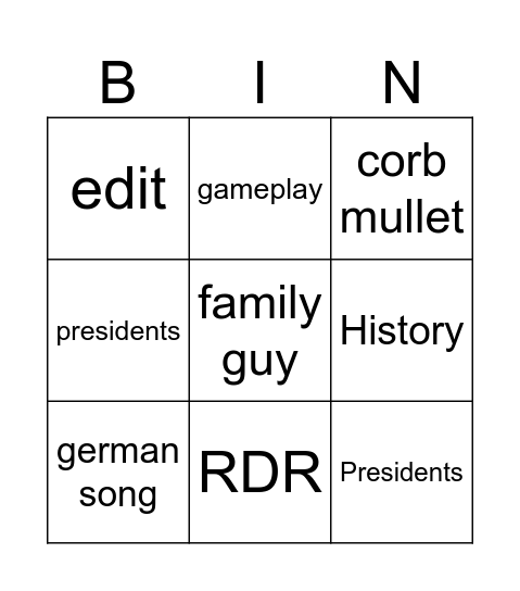 my shorts bingo Card