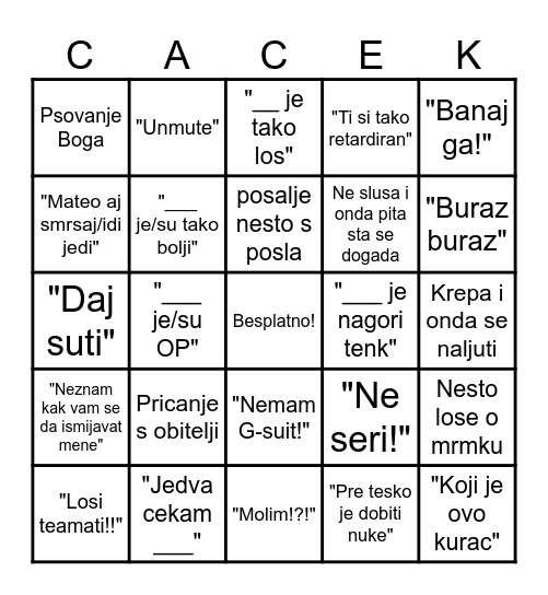 Cacek bingo Card