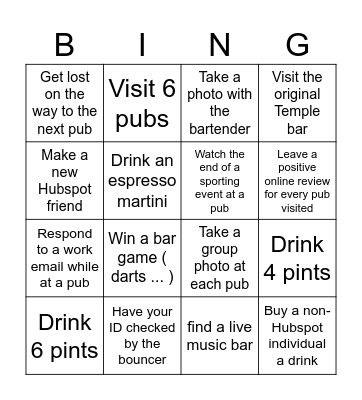 Bar Crawl Bingo Card