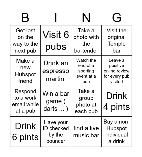 Bar Crawl Bingo Card