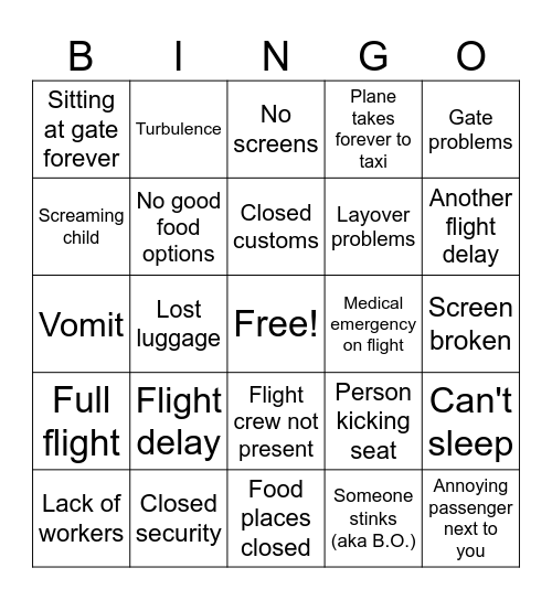 Terrible Flight Bingo Card