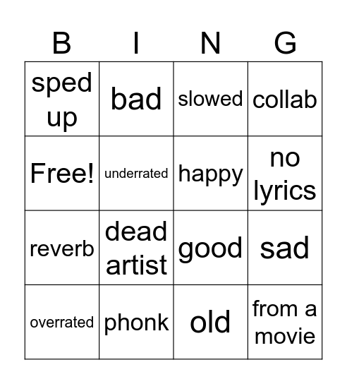 music bingo Card