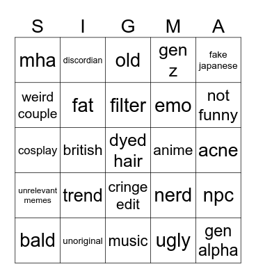 cringe comp bingo Card