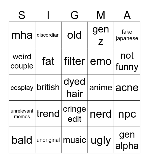 cringe comp bingo Card