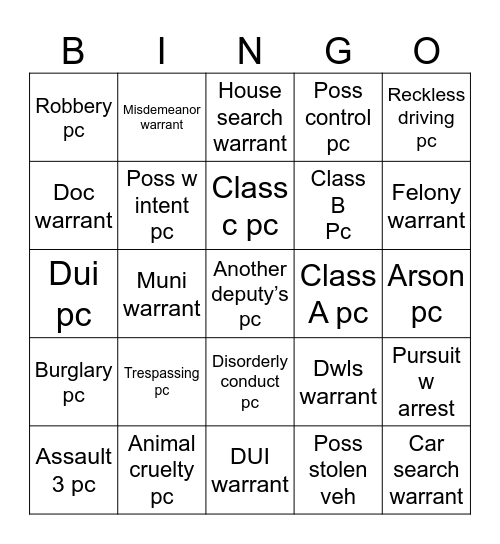 “A” bingo must be arrest Bingo Card