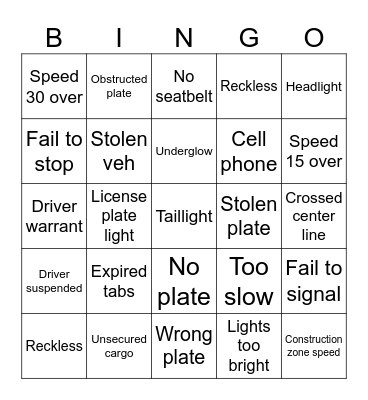 Traffic stop reason Bingo Card