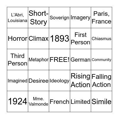 Desiree's Baby Bingo Card