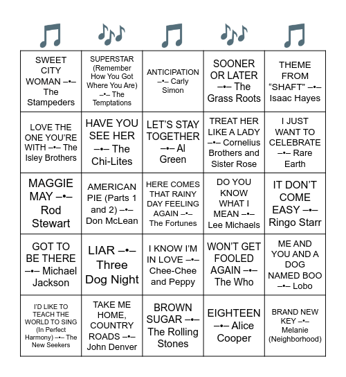 HITS FROM DECEMBER 1971 Bingo Card