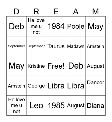 Dream Bingo Card