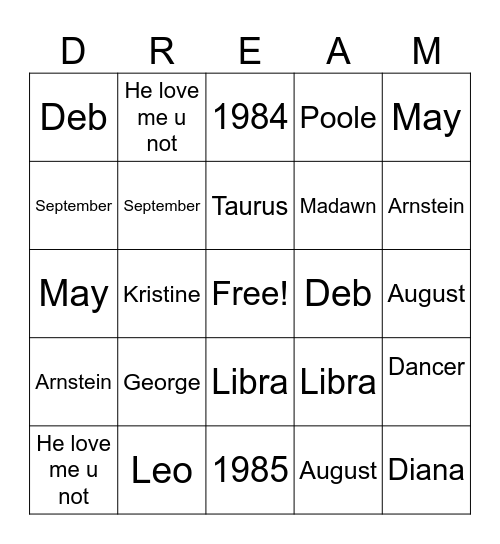 Dream Bingo Card