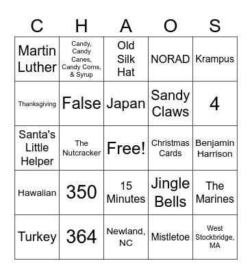 Chaos Christmas Bingo Card