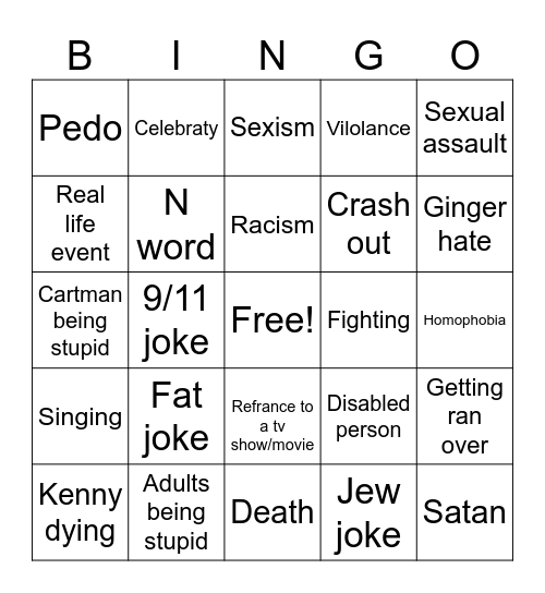 South Park bingo Card