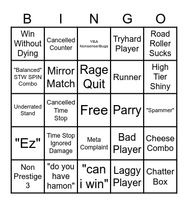 stw spin Bingo Card