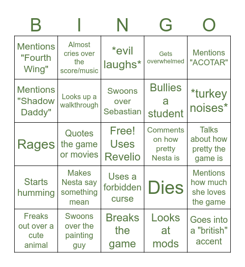 RayforRachel Plays "Hogwarts Legacy" Bingo Card