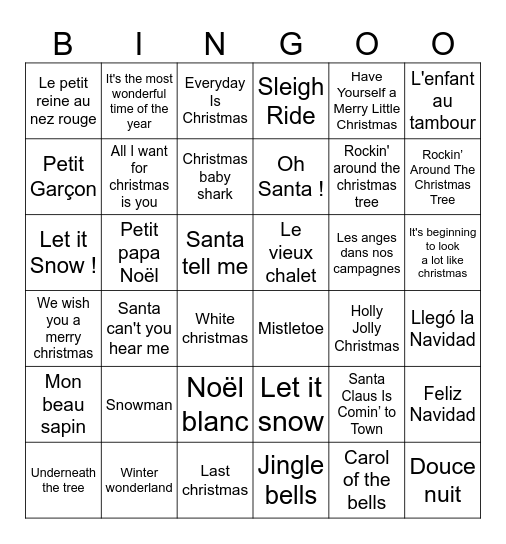 Christmas song Bingo Card