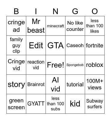 YouTube shorts Bingo Card