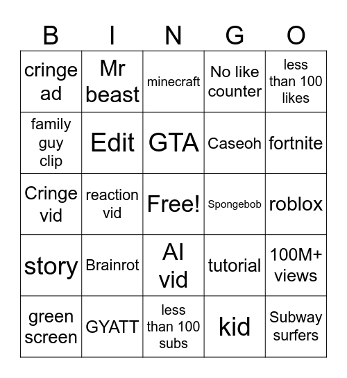 YouTube shorts Bingo Card