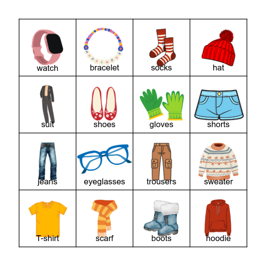 Clothes and Accessories Bingo Card