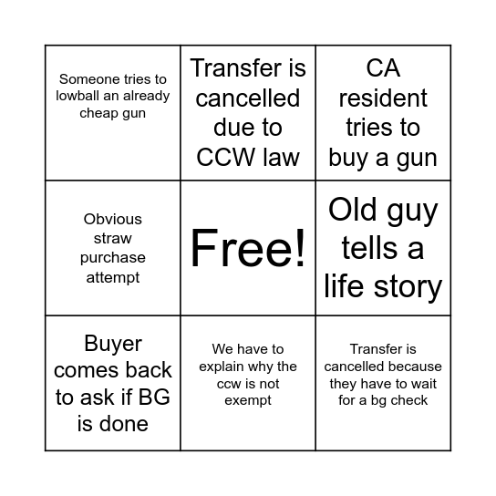 Gun Show Bingo Card